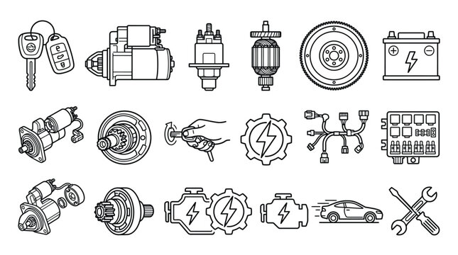 Minimalist vector automotive icons set featuring car key, starter motor, alternator, spark plug, wheel, battery, turbocharger, wrenches, mechanics, repair, engineering, electrical, vehicle system 
