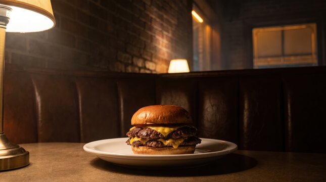 Double Cheeseburger with Melted Cheddar on White Plate in Moody Restaurant Booth with Brick Wall and Warm Lighting for Culinary Marketing