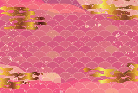 Pink Japanese Traditional Pattern Background with Golden Clouds