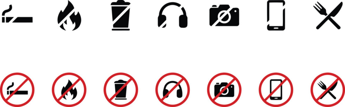 Collection of fourteen prohibition and warning featuring various like cigarettes, fire, and phones with red circles on white background