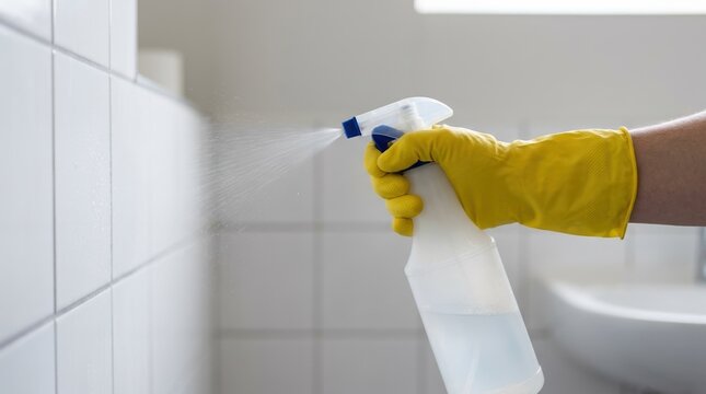 Person Wearing Yellow Rubber Glove Spraying Cleaning Solution on White Bathroom Tiles for Deep House Sanitization