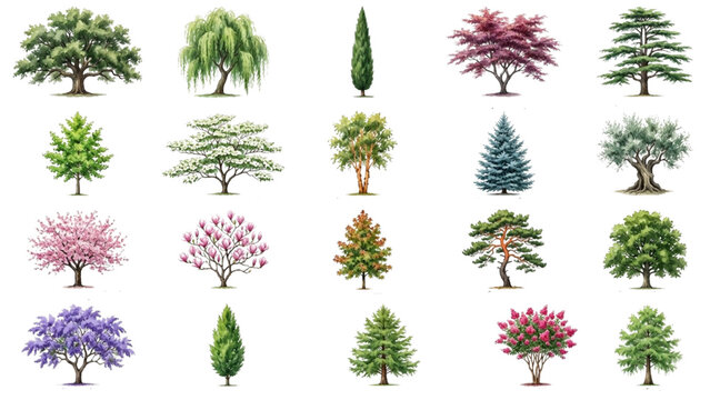 Hand Drawn Watercolor Arboretum Tree Collection Vector Illustration for Landscape Design