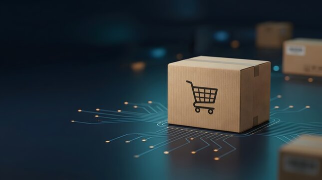 E-commerce logistics digitization concept with a cardboard shipping box resting on glowing circuit board pathways representing digital supply chain