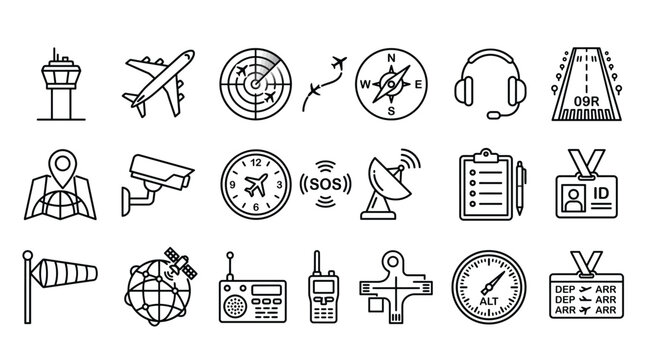 Minimalist vector aviation icons set featuring radar, control tower, headset, compass, airplane, satellite dish, runway, checklist, globe, navigation, communication, monitoring, flight management 