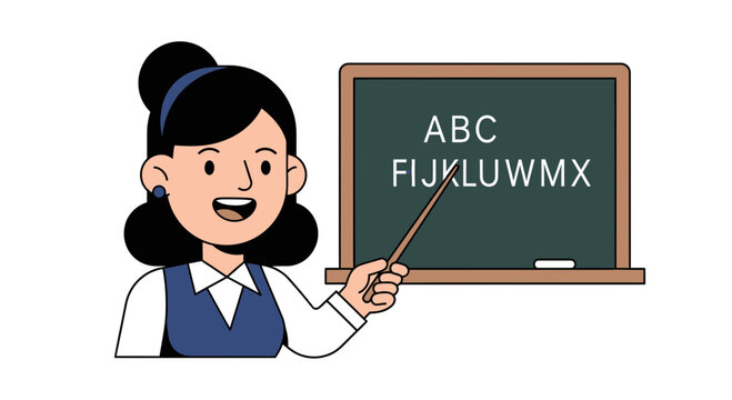 Female Teacher Pointing at Alphabet on Chalkboard