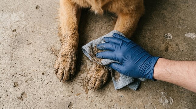 Professional Veterinary Technician Cleaning Muddy Dog Paw with Cloth and Blue Nitrile Gloves for Pet Hygiene Care