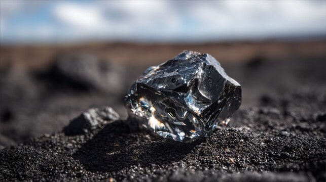 A single piece of polished obsidian stone, smooth and highly reflective, rests on a bed of dark volcanic ash.