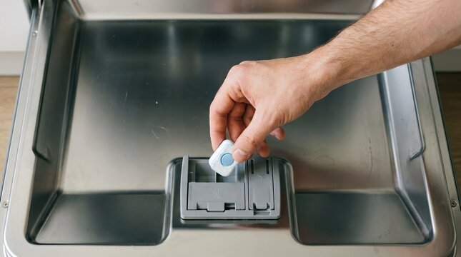 Person placing dishwasher tablet into detergent dispenser for cleaning kitchen appliances