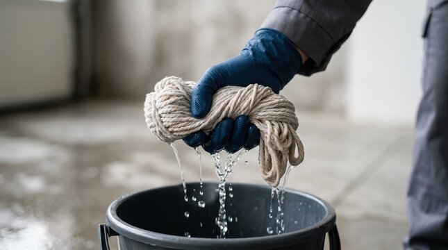 Professional cleaner wringing out a wet mop head into a bucket for floor cleaning and maintenance services