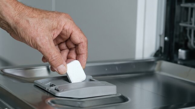 Elderly Person Placing Dishwasher Tablet into Detergent Dispenser for Household Cleaning Routine