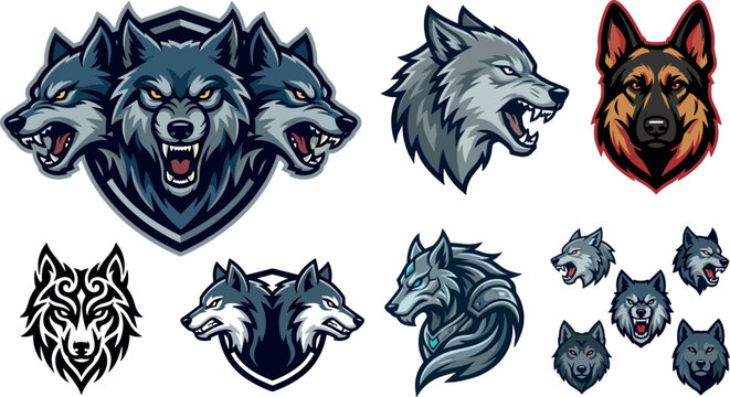 Aggressive Wolf Mascot Logo Vector Set with Three Headed Cerberus Style Wolves German Shepherd and Tribal Esport Branding Elements