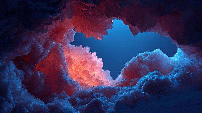 Interior of a giant geode cavity revealing sparkling pink and orange crystal formations against a deep blue backdrop