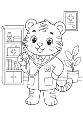 Fototapeta premium Cute Tiger Doctor Holding a Stethoscope Coloring Book for Kids Profession Animal Line Art