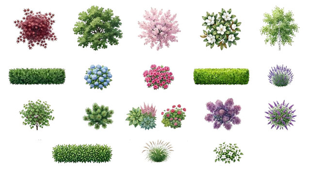 Hand Drawn Watercolor Garden Trees, Shrubs and Hedge Plants Vector Collection