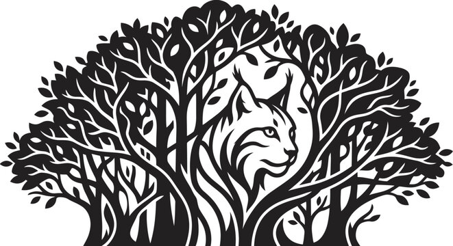 Stylized Lynx Head Emerging from Dense Forest Silhouette.