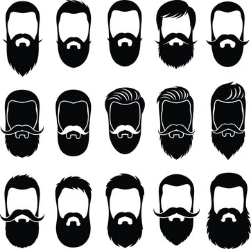 Diverse collection of black silhouette beard styles and mustache designs for men's grooming and fashion