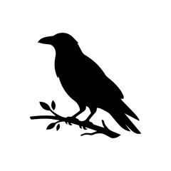 Fototapeta premium A black silhouette of a bird perched on a small branch with leaves.