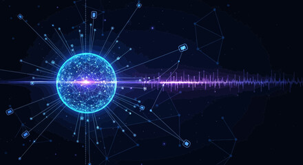Naklejka premium A vibrant blue glowing sphere emits radiant energy pulses across a dark space with scattered geometric patterns and nodes.