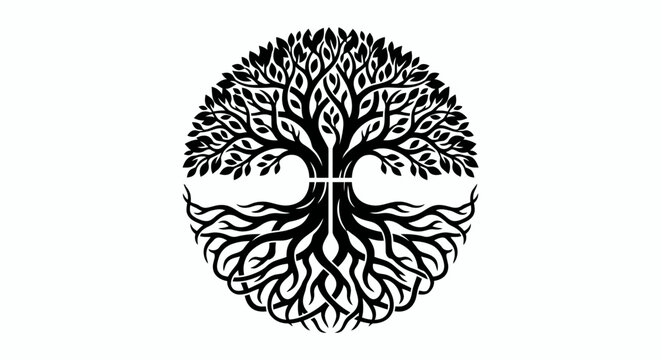 Stylized Tree of Life Symbol with Intricate Roots and Branches.