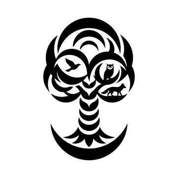 Stylized Tree of Life with Animals Silhouette.