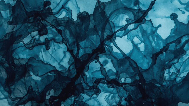 Abstract ink bleed texture in teal and navy with organic edges evoking fluid motion and depth