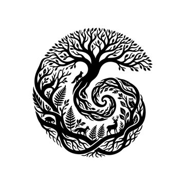 Stylized Tree of Life with Forest Animals and Ferns in Spiral Shape.