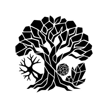 Stylized Tree of Life with Geometric Elements and Crystals.