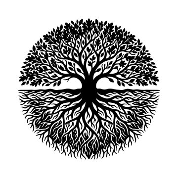 Stylized Tree of Life with Intricate Roots and Branches.
