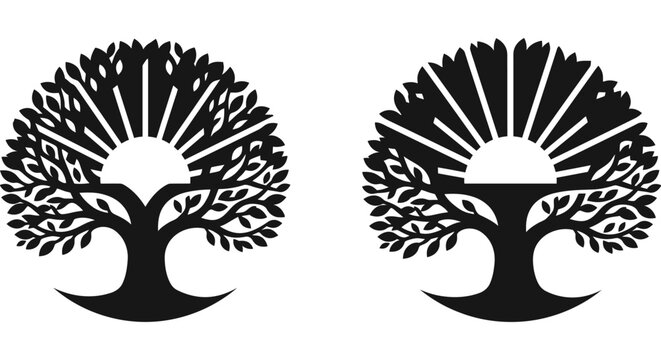 Stylized Tree of Life with Rising Sun Silhouette Icon Set.