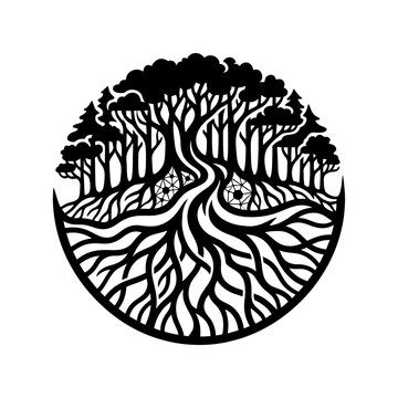 Stylized Tree of Life with Intricate Roots and Forest Canopy.