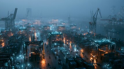 Fototapeta premium Next generation smart port, autonomous cranes, container terminal, AI logistics management, automated cargo handling,