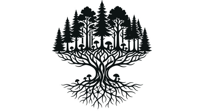 Stylized Tree Silhouette with Intricate Roots and Forest Canopy.