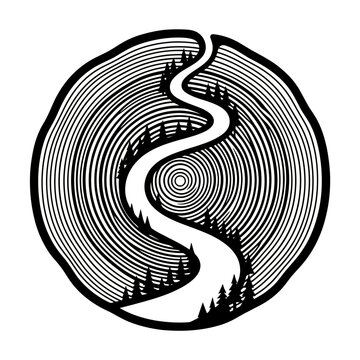 Stylized Tree Ring with Winding River and Forest Illustration.