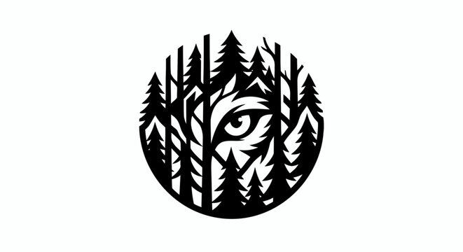 Stylized Wolf Eye Peeking Through Dense Forest Silhouette.
