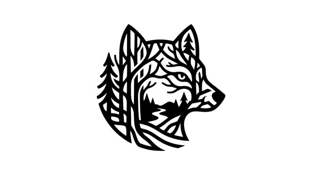 Stylized Wolf Head Silhouette Filled With Forest Landscape.