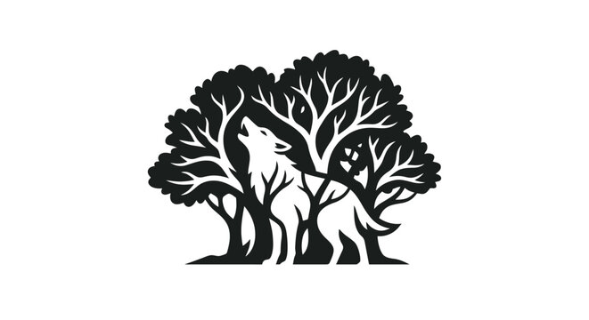 Stylized Wolf Howling Among Trees Silhouette Logo.