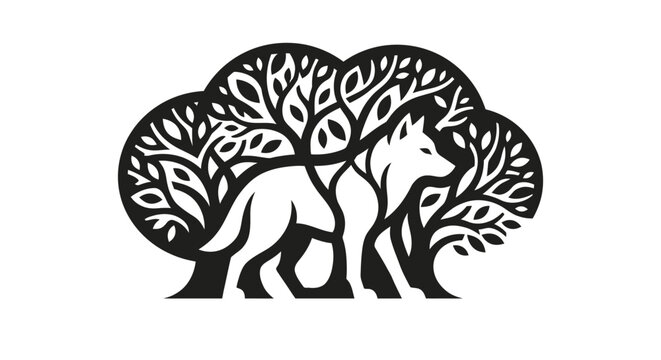 Stylized Wolf Silhouette Intertwined with a Tree Design.