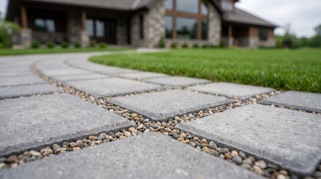 Modern stone paver walkway with decorative gravel joints leading to a beautiful luxury residential home with green lawn and landscaping