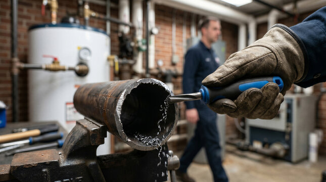 Closeup of a worker using a hand deburring tool to remove metal shavings from the edge of a steel pipe held in a bench vise