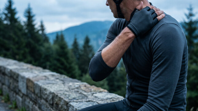 Cyclist with neck pain sitting on a stone wall in the mountains, wearing a cycling jersey, gloves, and a helmet, outdoors