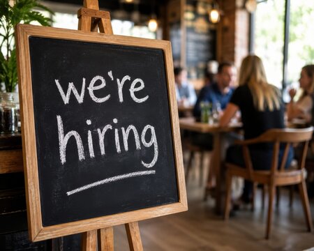 We are hiring sign written in chalk on blackboard in cafe with blurred people.