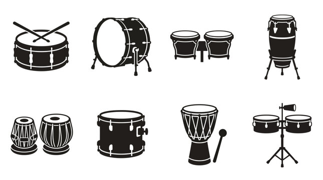 Minimalist vector percussion instruments icons set featuring snare, bass drum, bongos, conga, tabla, side drum, djembe, rhythm, music, culture, traditional, global diversity