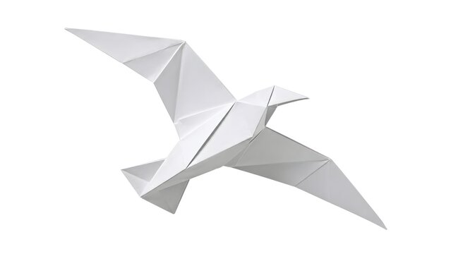 Origami Seagull in Mid-Flight Pose with Crisp White Paper on White Background