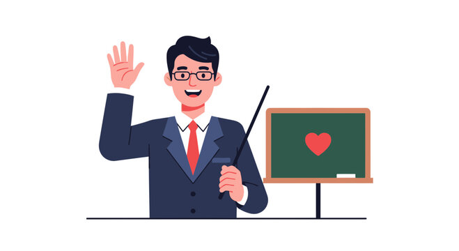 Friendly Teacher Waving Hand with Love Heart on Blackboard