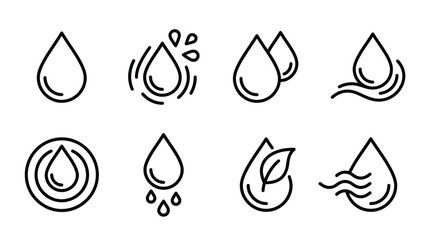 Minimalist vector water droplet icons set featuring purity, splash, ripple, leaf, sustainability, nature, conservation, eco, hydration, clean design, environmental symbols, recycling, freshness © Stockify