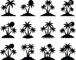 Fototapeta premium Tropical island palm tree silhouettes collection vector graphics for summer designs and vacation themes