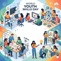 Naklejka premium Premium Educational Illustration Featuring Young Innovators Collaborating on Future Career Skills