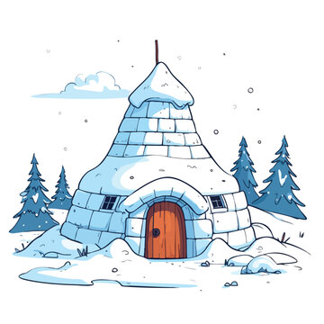 A hand drawn illustration of a cozy igloo with a wooden door.