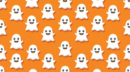 Fototapeta premium Seamless Halloween pattern with cute ghosts on orange background