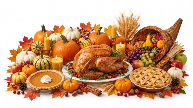 large collection of pumpkins, roasted turkey, pies, maple leaves, acorns, wheat, candles, berries, apples, cornucopia and autumn decorations, isolated on white background